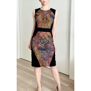 ETRO Patchwork Crewneck Sheath Dress Black Multicolor Women's Size IT 44/US 8-10